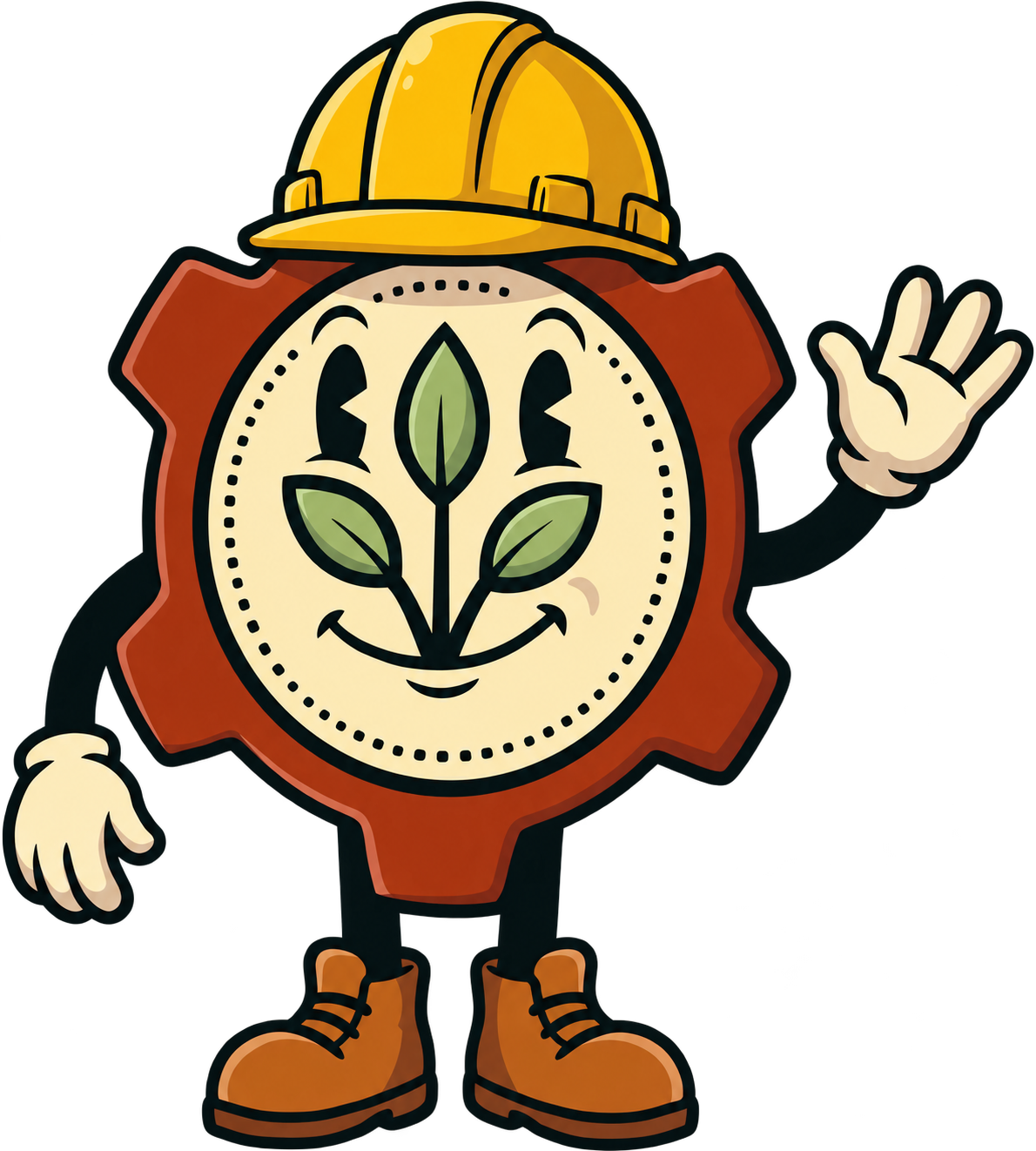 Sicurino con il casco giallo saluta